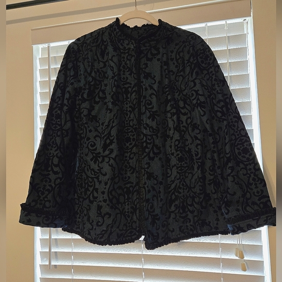 Chico's Size 3 / Size XL Denim Jacket With Black Velvet Scroll Print - Picture 1 of 6